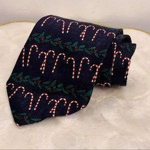 Vtg Black Textured Silk Candy Cane Holly Men’s Tie